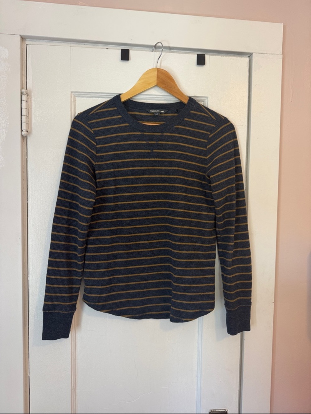 Toad & Co Navy & Tan Striped Long Sleeve Thermal Crewneck Top